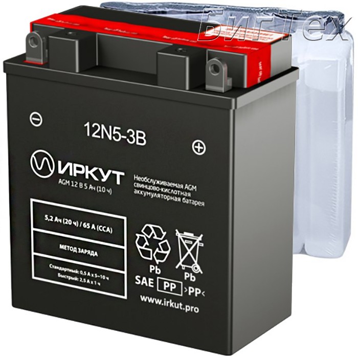 Мото аккумулятор ИРКУТ 12N5-3B AGM 5.2 Ач (YB5L-B)