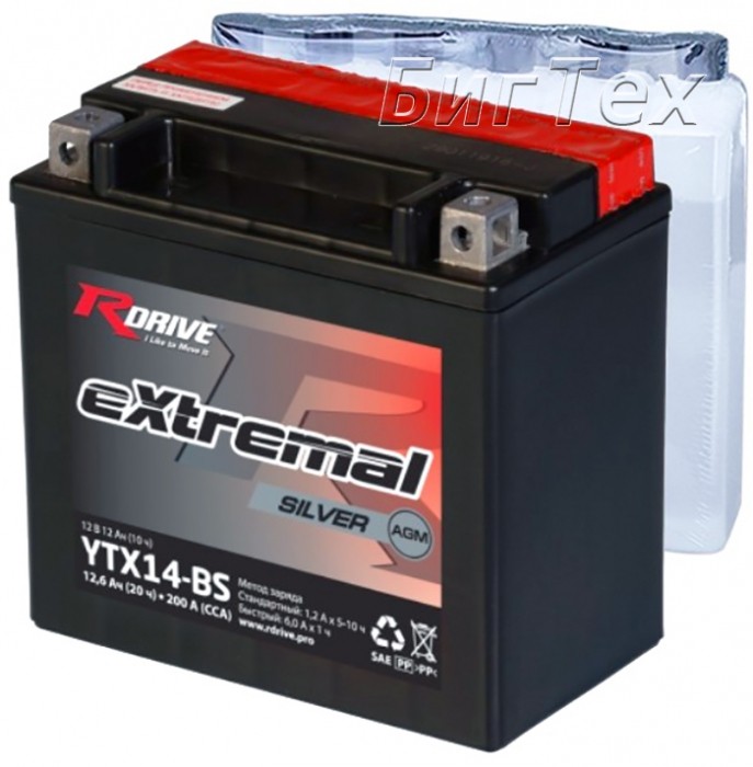 Мото аккумулятор RDrive Silver YTX14-BS AGM...