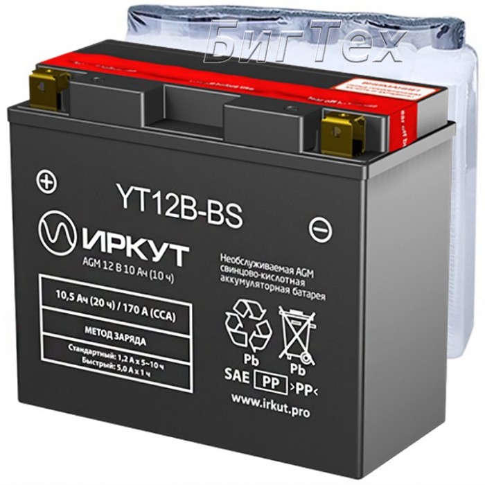 Мото аккумулятор ИРКУТ YT12B-BS AGM 10.5 Ач