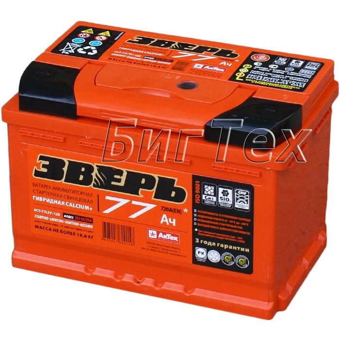 Аккумулятор автомобильный Зверь 77 Ач (гибрид)