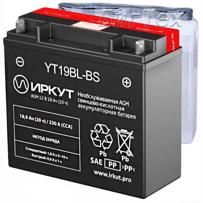 Мото аккумулятор ИРКУТ YT19BL-BS AGM 20 Ач