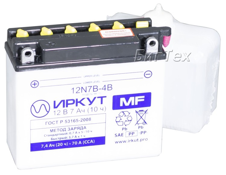Мото аккумулятор ИРКУТ 12N7B-4B, 7.4Ач, 70А,  п/п