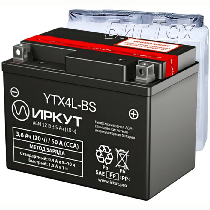 Мото аккумулятор ИРКУТ YTX4L-BS AGM 3.6 Ач
