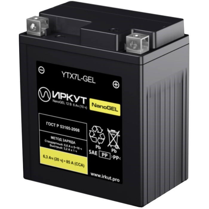 Мото аккумулятор ИРКУТ YTX7L-GEL 6.3Ah 85A