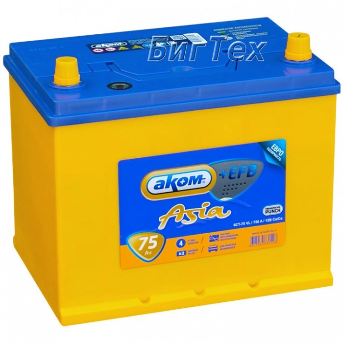 Аккумулятор автомобильный Аком+EFB Asia 75 Ah